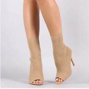 Qupid Knit Peep Toe Suede Stiletto Ankle Boots 6.5 tan sock boots heels